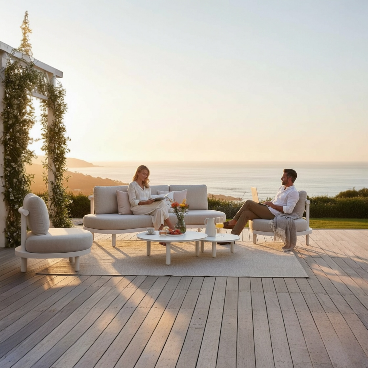 Ambre white aluminum sofa set with light gray cushions – shown outdoors (3)