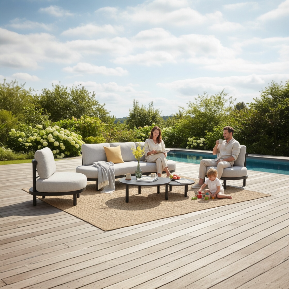 Ambre black aluminum sofa set with beige cushions – shown outdoors (3)