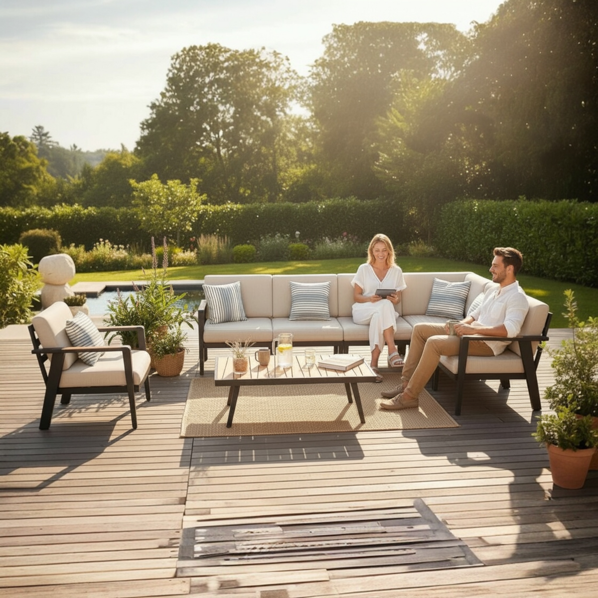 Lovy aluminum and teak outdoor lounge armchair – shown outdoors (3)