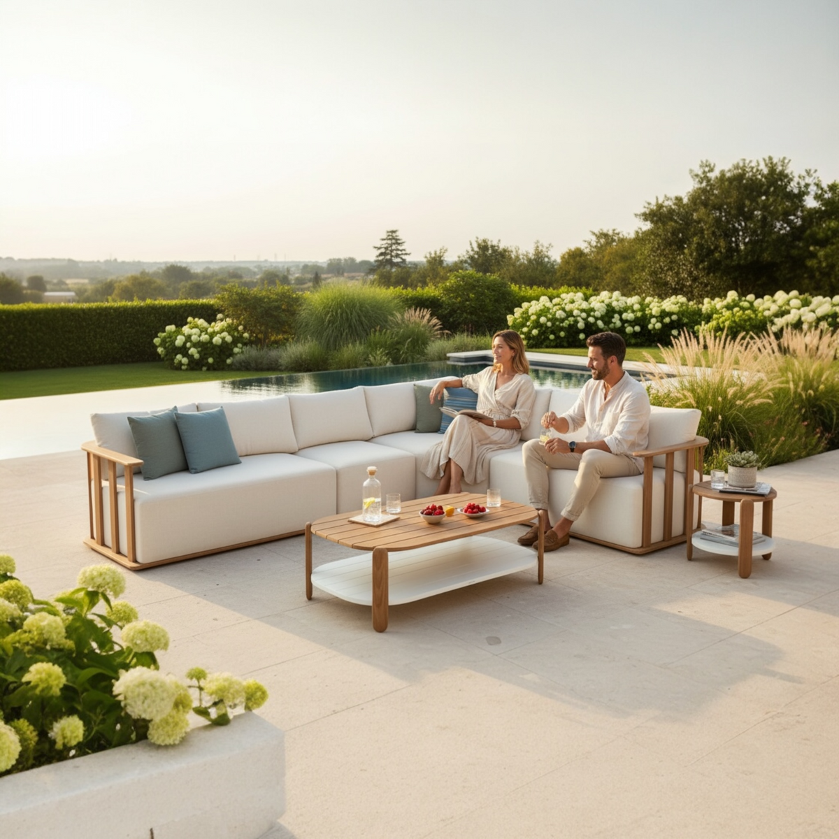 Roma solid teak outdoor sectional with slatted palisade design – shown outdoors (2)