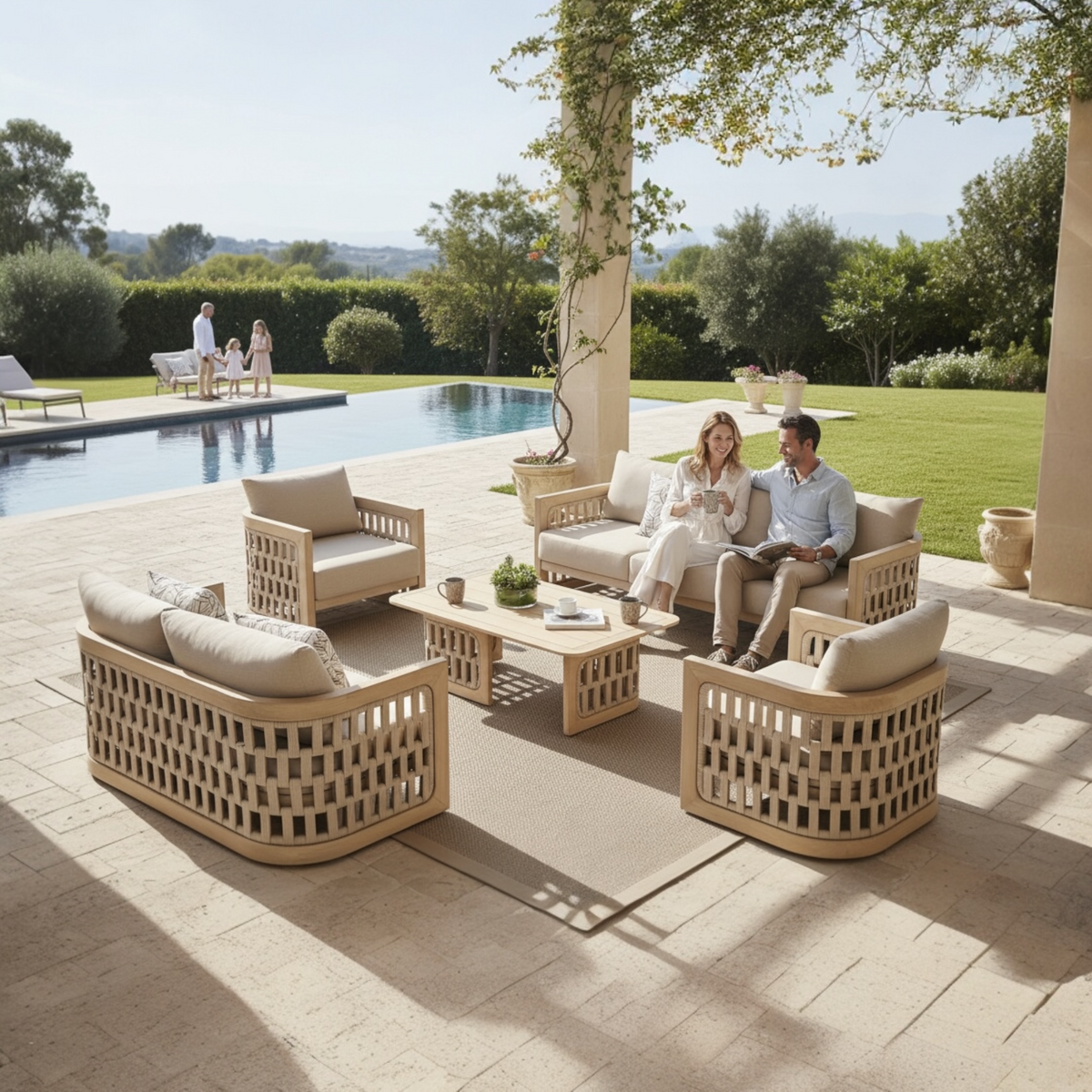 Palma solid teak and rope outdoor armchair – shown outdoors (3)