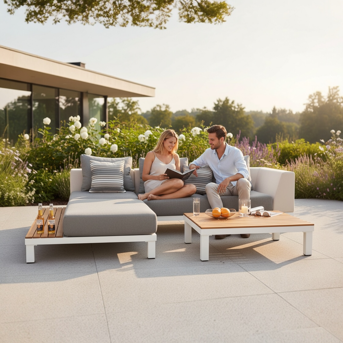Orsy Mini white aluminum and teak 2-in-1 patio lounge set with sunbed – shown outdoors (2)