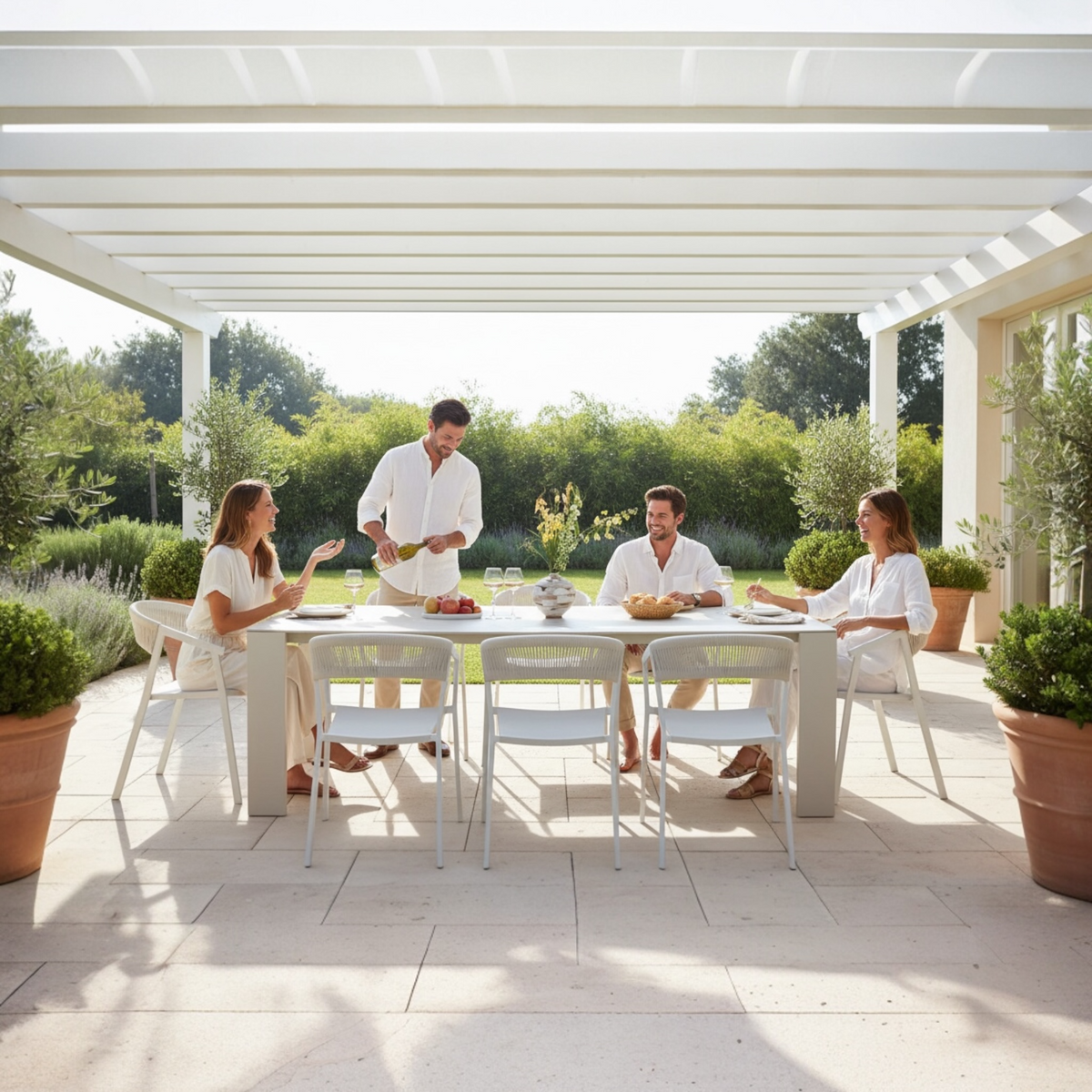 Jules pearl gray ceramic and beige aluminum outdoor dining table – shown outdoors (3)