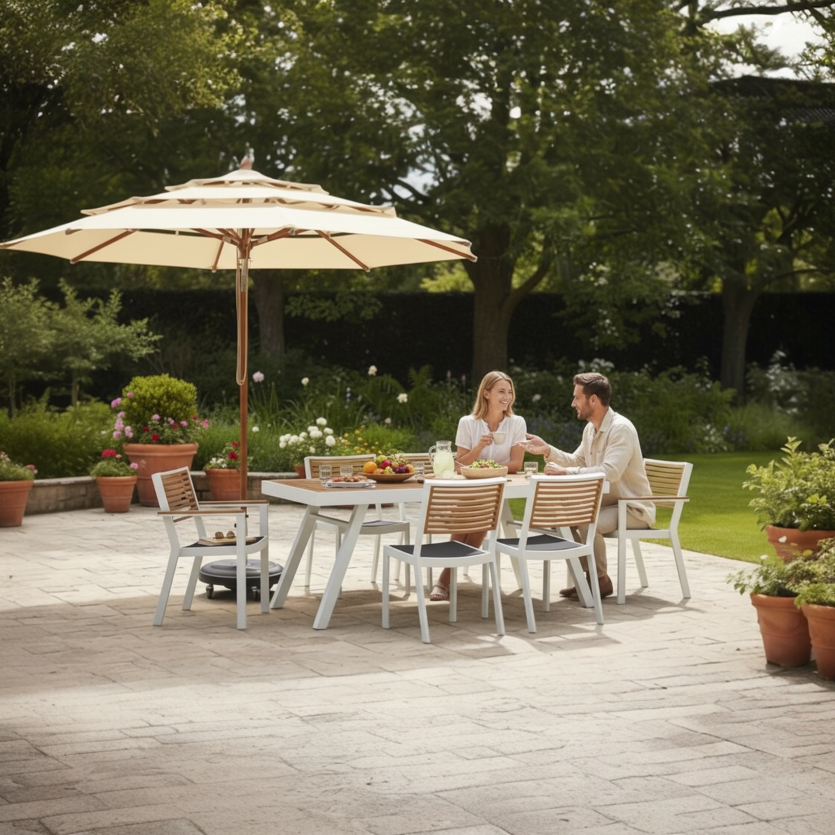 Armchair from the York white aluminum and teak dining set for six, 200 x 90 cm table – shown outdoors