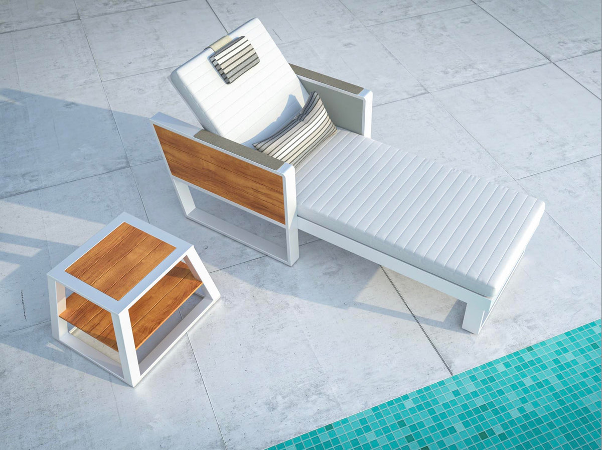 York white aluminum and teak chaise lounges, set of 2, beige cushions – shown outdoors (4)