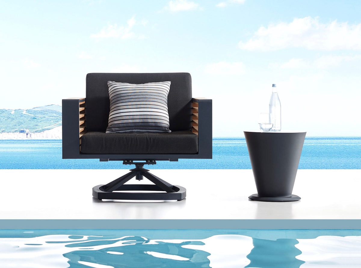 Cofy aluminum and teak swivel armchair – shown outdoors (3)