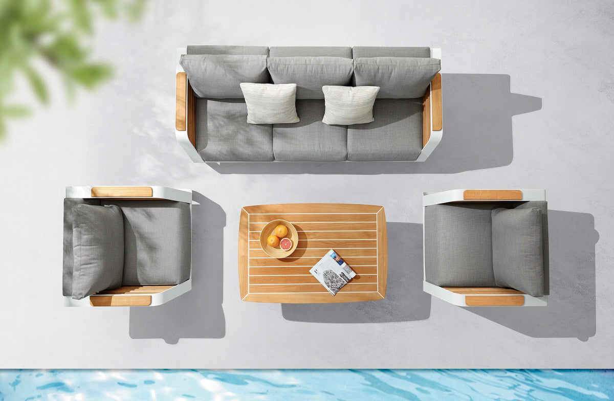 Aily Bis aluminum and teak patio set with 3-seat sofa and two armchairs – shown outdoors (5)
