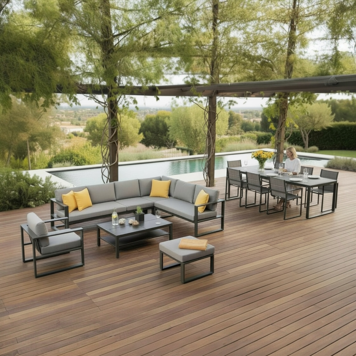 Belly black aluminum outdoor ottoman – shown outdoors