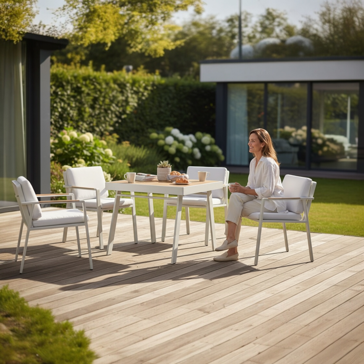 Noffy compact square aluminum and teak dining set for four – shown outdoors