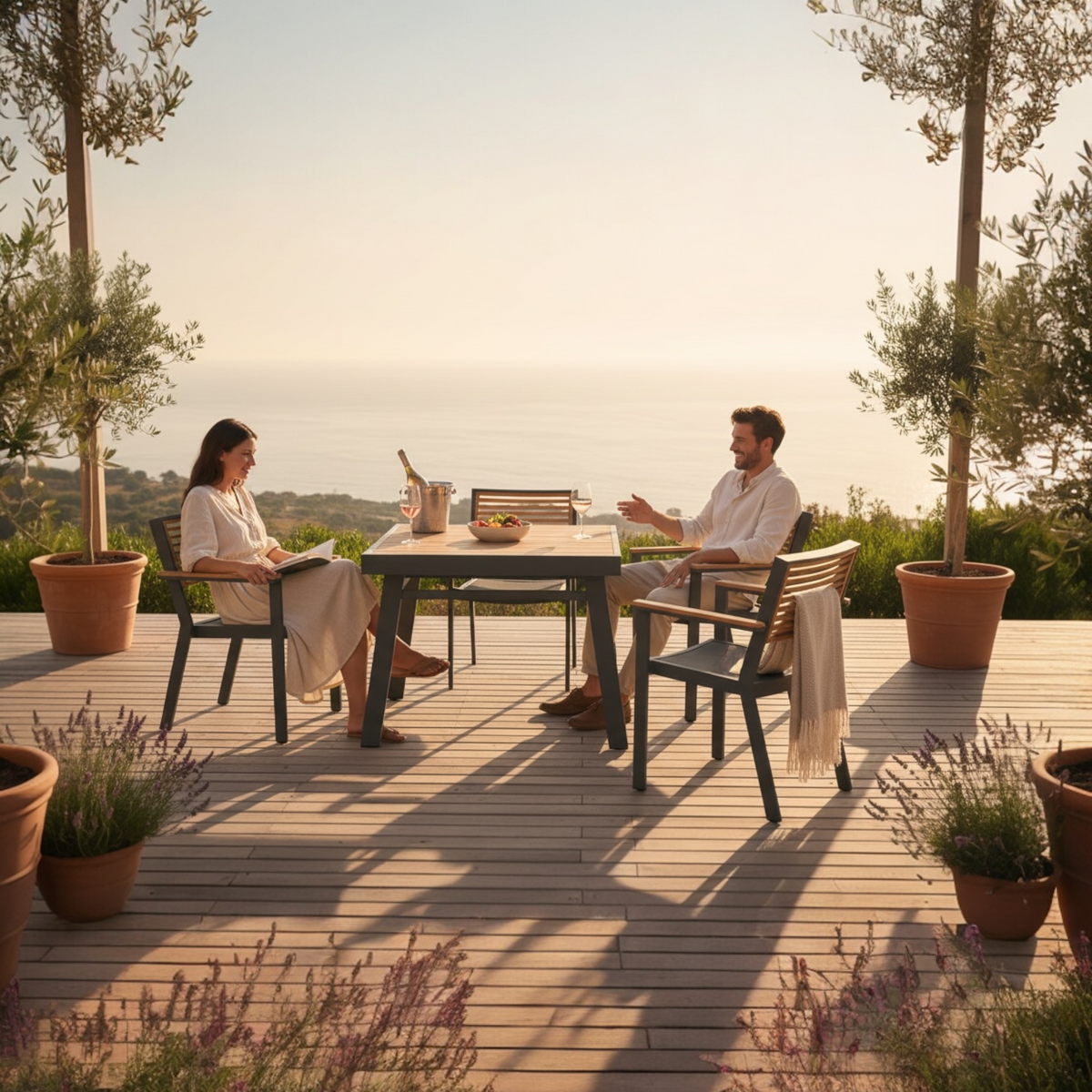 York black aluminum and teak bistro dining set for four – shown outdoors (3)