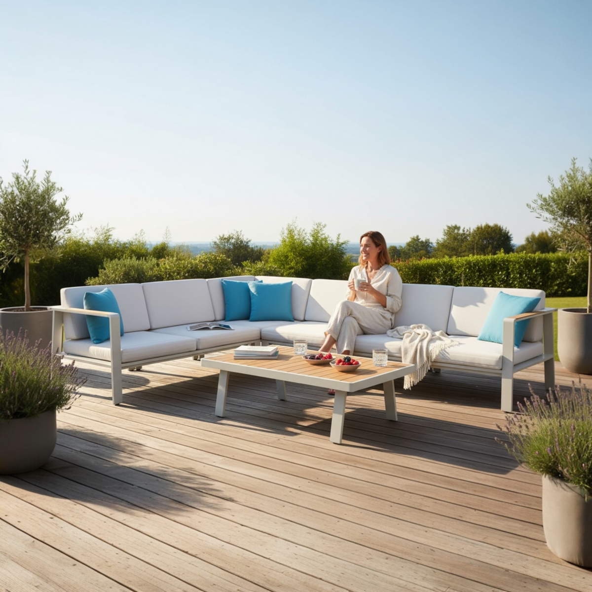 Noffy Cosy beige aluminum and teak corner sofa – shown outdoors