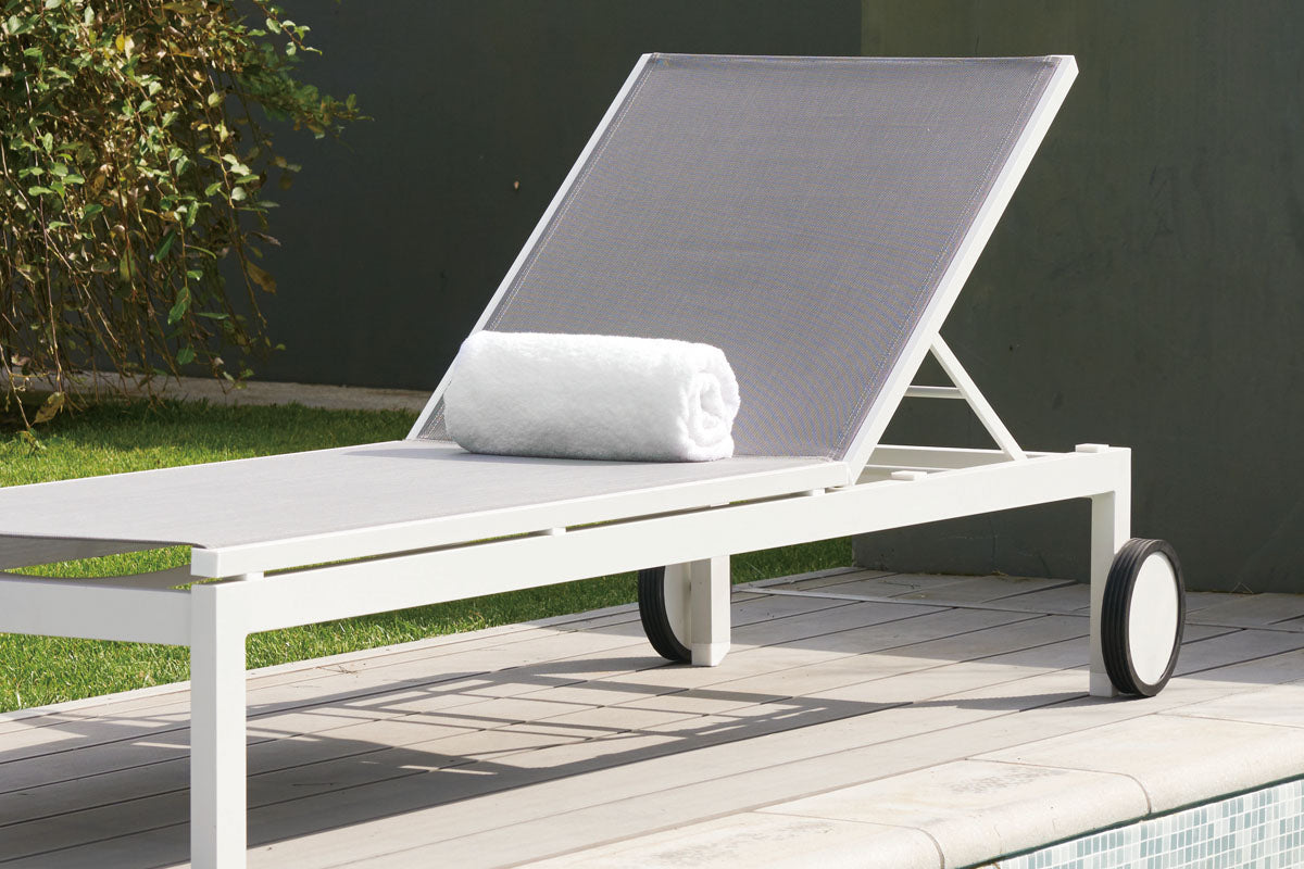 Sully gray aluminum pool lounge chairs, set of 2 with round table – shown outdoors (2)