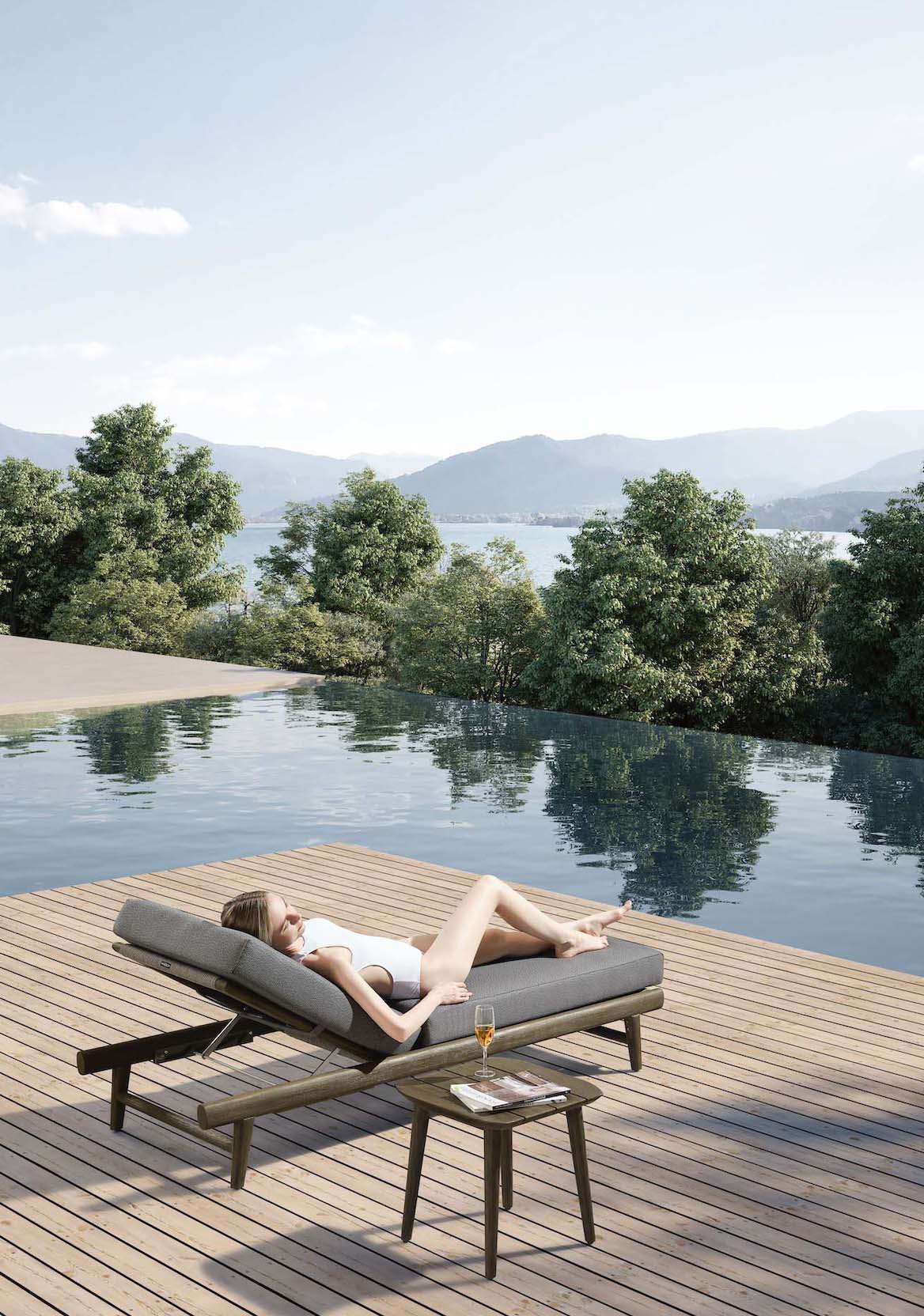 Come solid teak and rope chaise lounge with side table – shown outdoors (4)