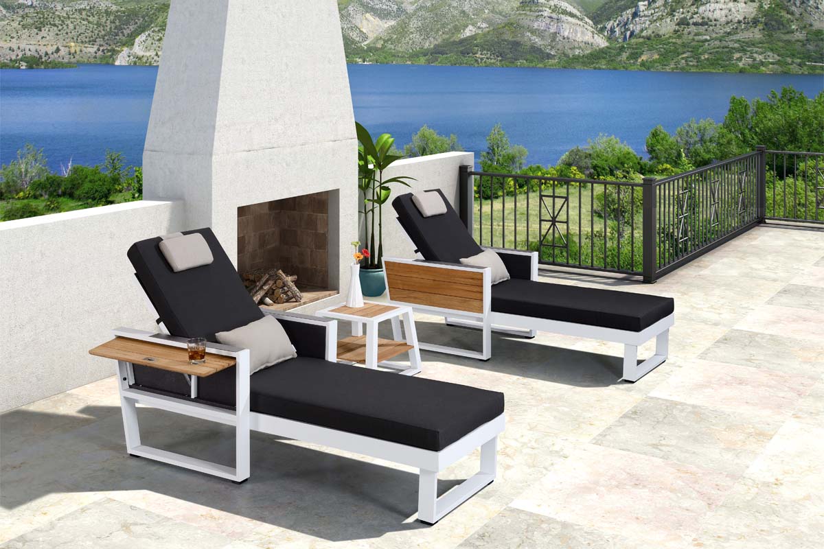 York white aluminum and teak chaise lounges, set of 2, black cushions – shown outdoors (3)