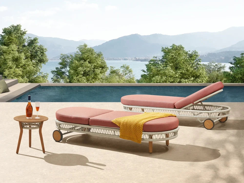 Rose rope and aluminum chaise lounge with pink cushion – shown outdoors (8)