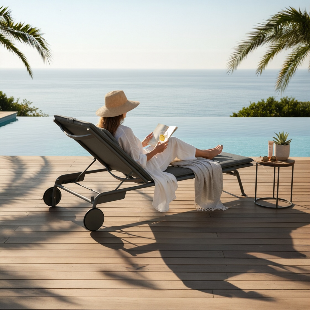 Sunny black aluminum and textilene chaise lounges, set of 2 – shown outdoors (2)