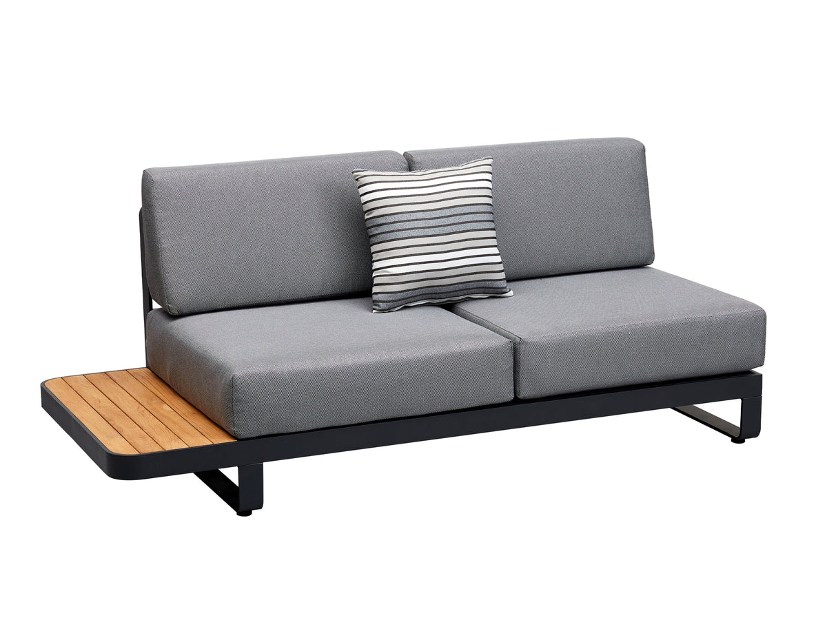 Many aluminum and teak corner sofa with teak-top coffee table