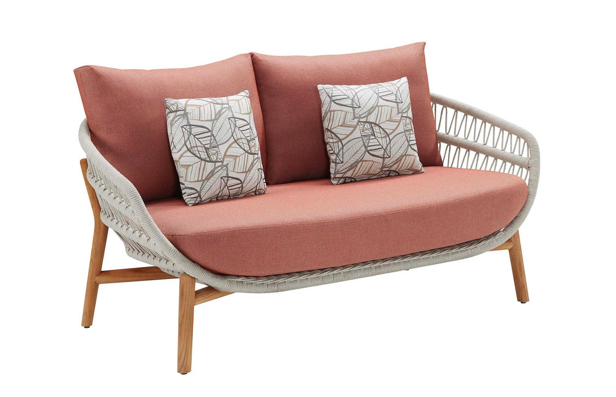 2-seat sofa from the Rose XL 7-seat teak and rope sofa set with powder pink cushions – another view