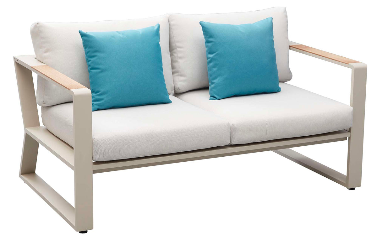 2-seat sofa from the Exy Mini beige aluminum patio loveseat set with teak coffee table
