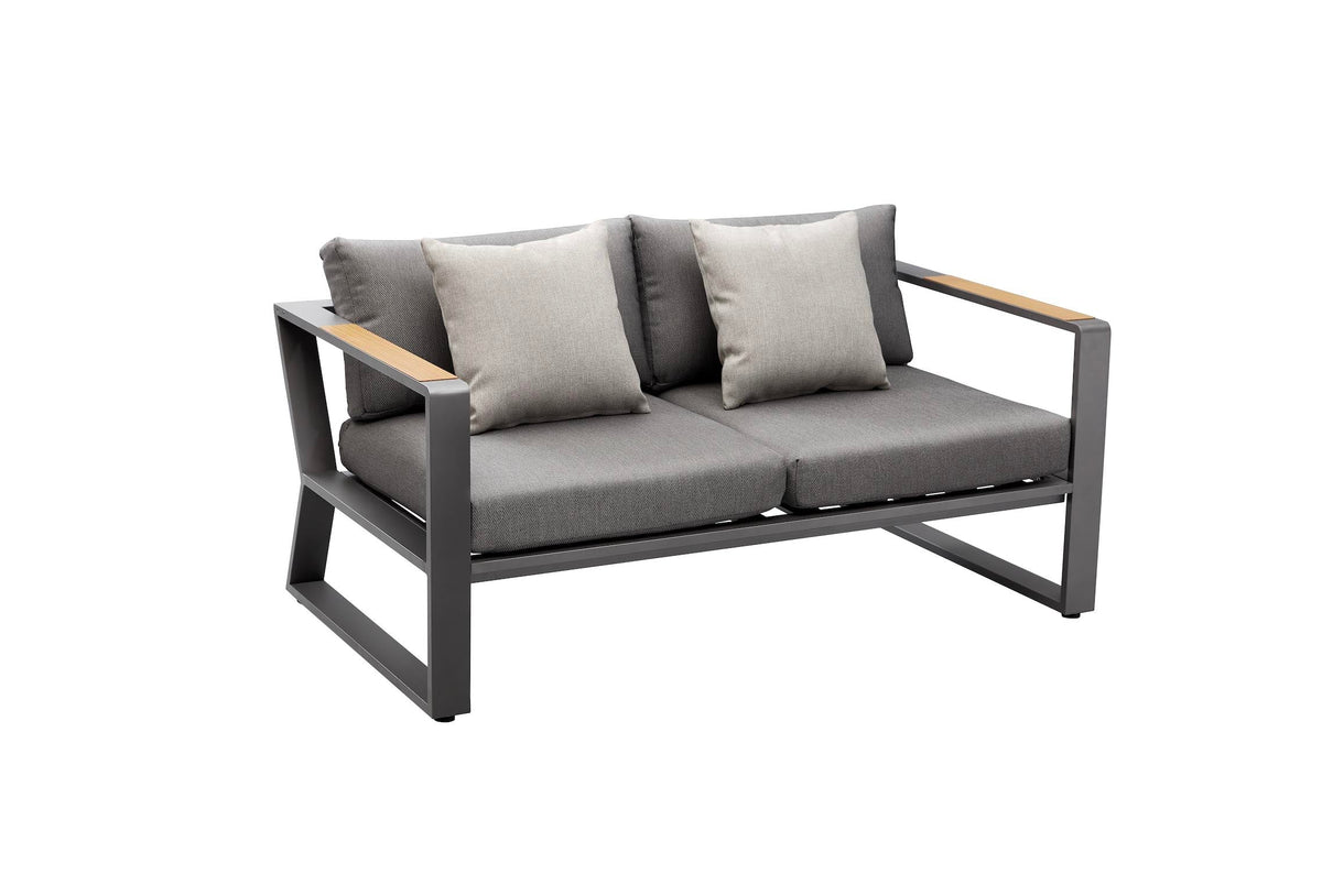 2-seat sofa from the Exy Mini anthracite aluminum and teak loveseat set with slatted teak armrests