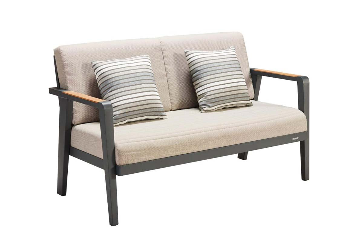 2-seat sofa from the Lovy XL 7-seat aluminum and teak patio set with taupe cushions – another view