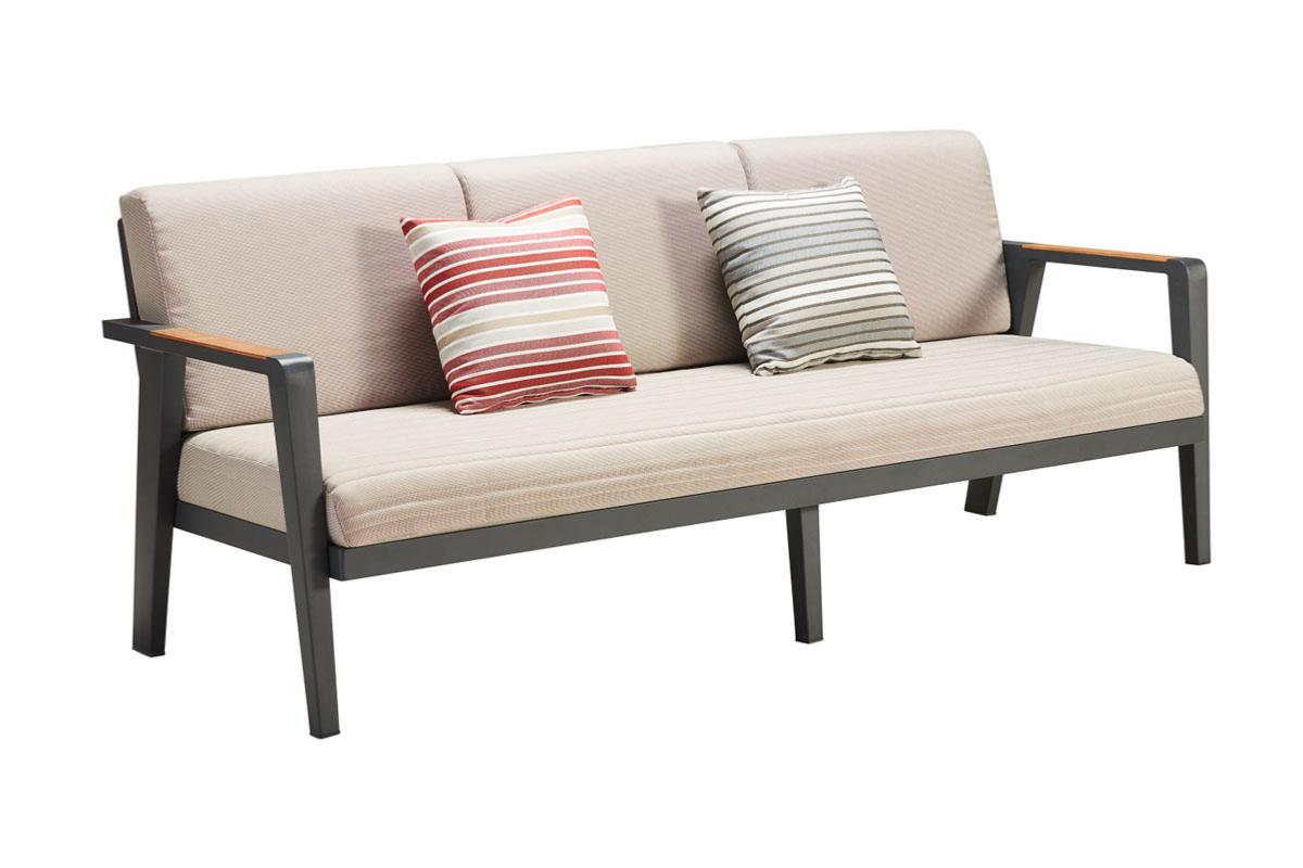 3-seat sofa from the Lovy XL 7-seat aluminum and teak patio set with taupe cushions