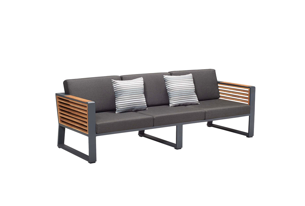 3-seat sofa from the Cofy Bis aluminum patio set with teak and aluminum coffee table with drink cooler