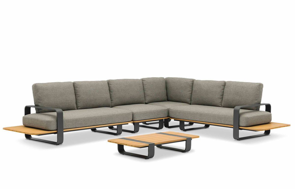 Romeo gray aluminum outdoor sectional with sculpted teak armrests – another view