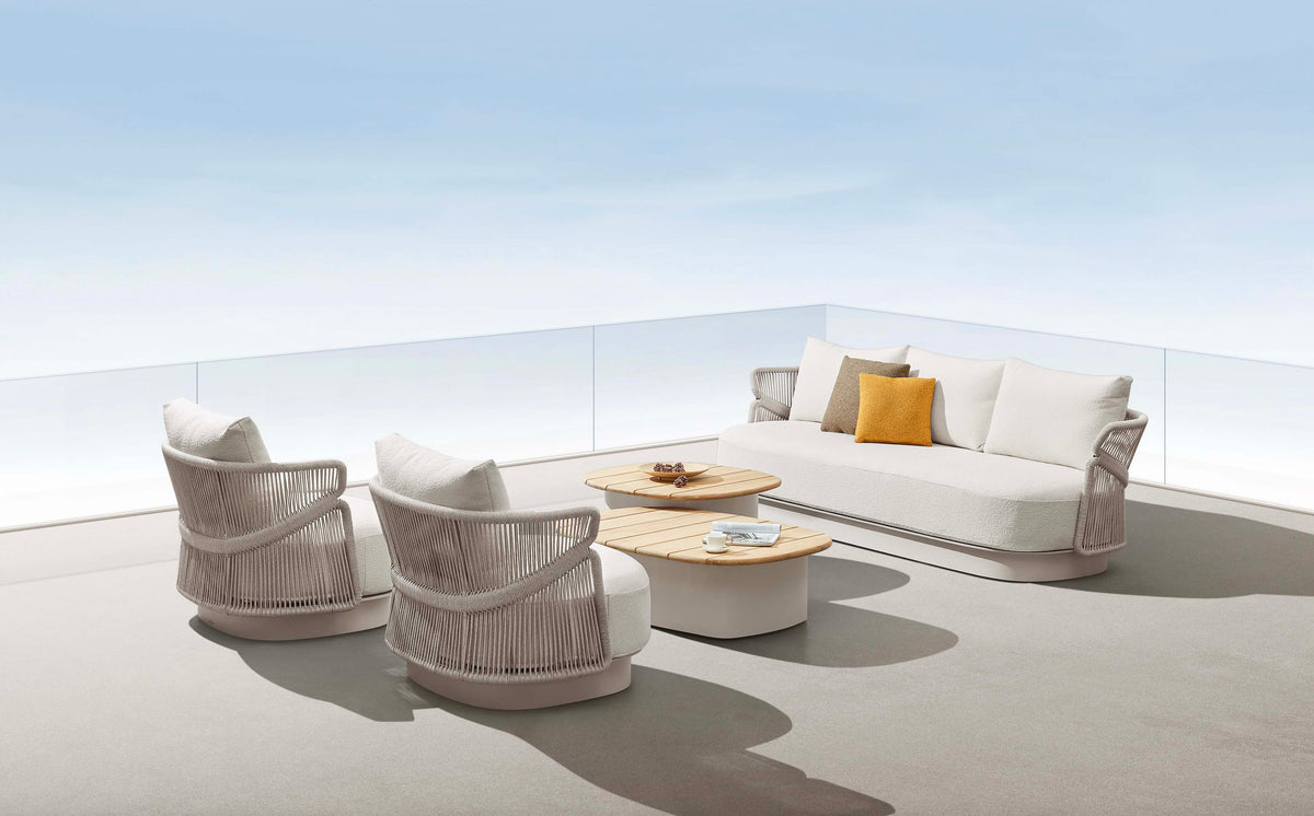 Laska beige aluminum and rope patio set with three teak-top tables – shown outdoors (4)