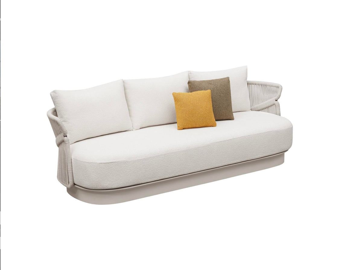 Laska beige aluminum and rope patio set with three teak-top tables