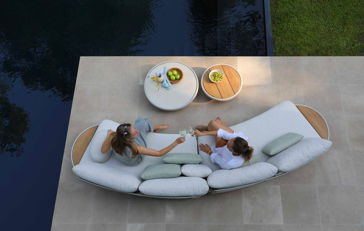 Rosa Mini compact aluminum and teak modular outdoor sofa set – shown outdoors (5)