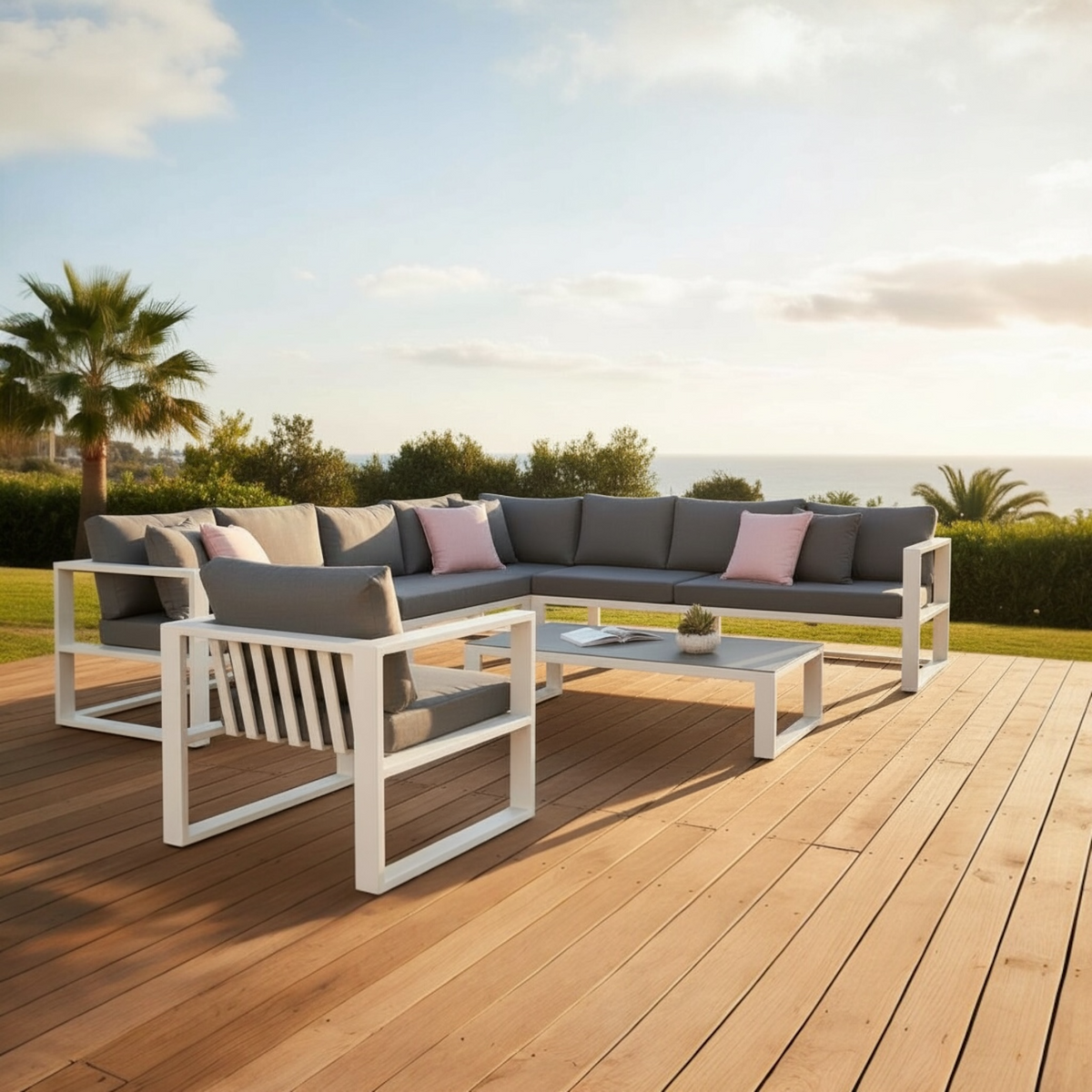 Belly XL extra-large aluminum outdoor sectional with armchair – shown outdoors (3)