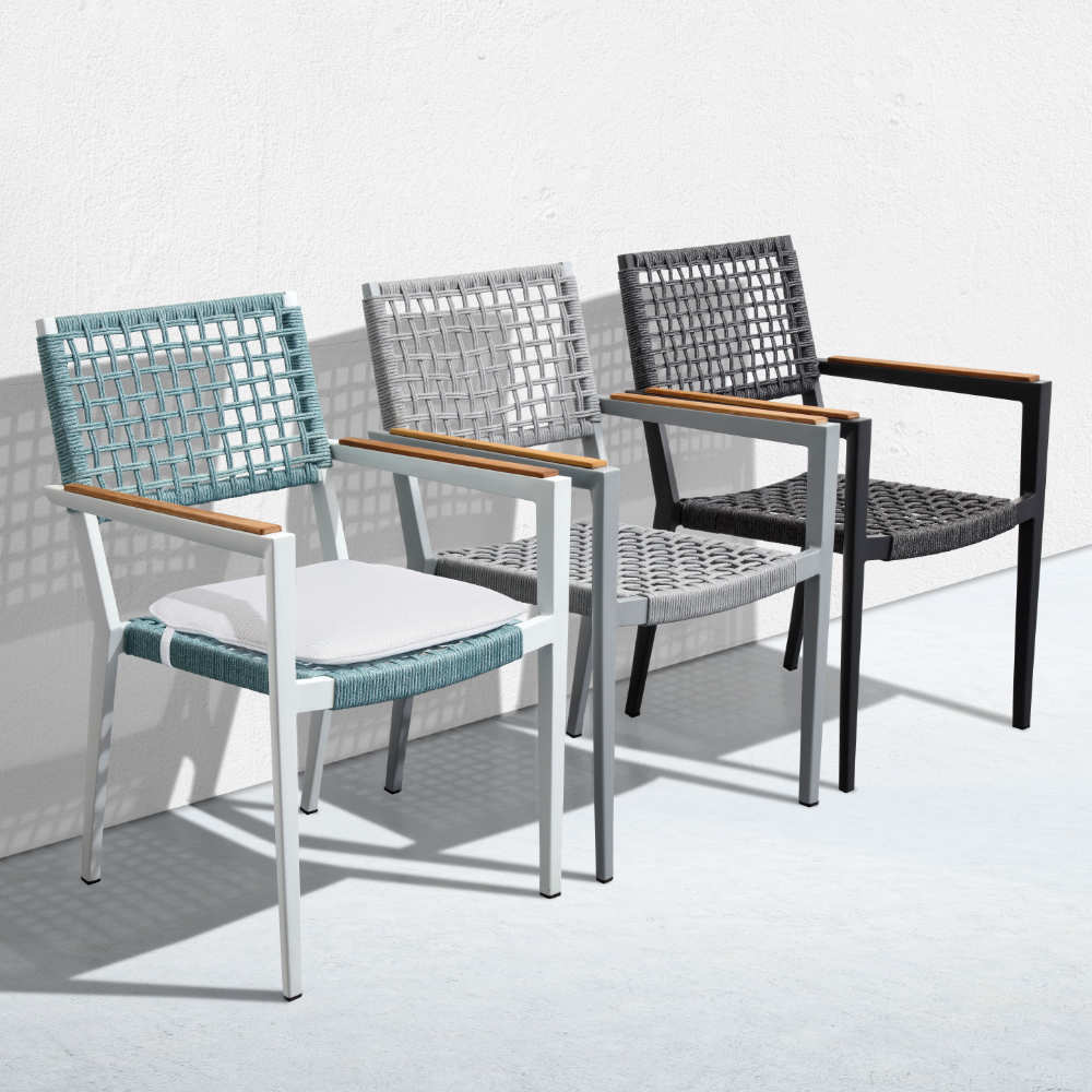 Champion blue rope stackable restaurant patio chair – multiple views