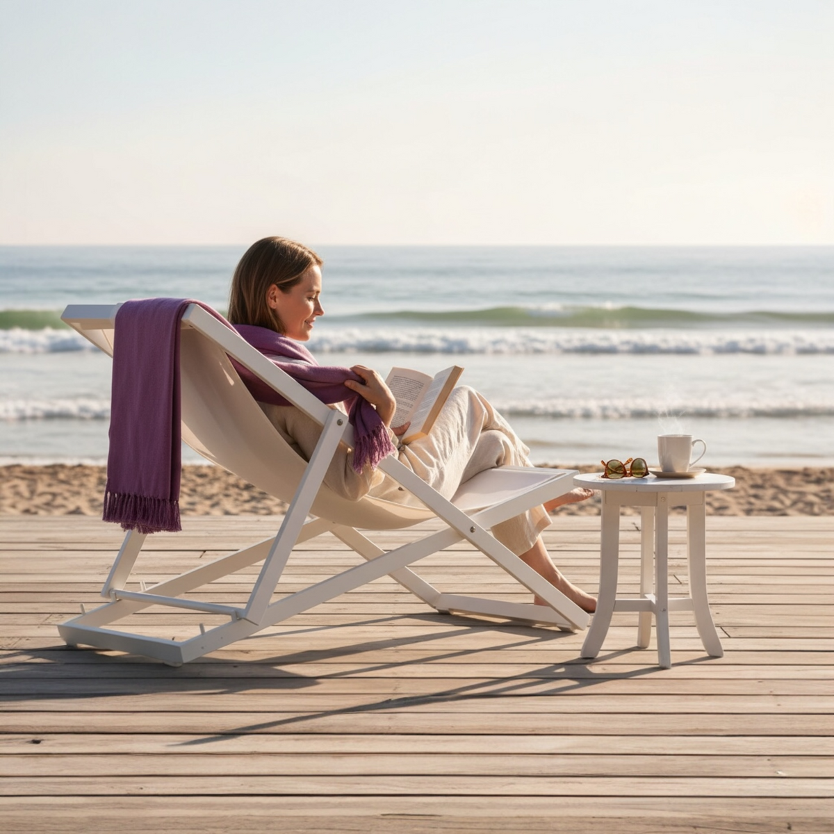 Kassy white folding aluminum sling chair – shown outdoors