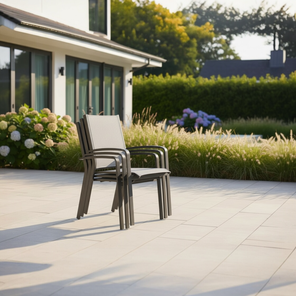 Nory Plus black stackable aluminum dining armchairs, set of 6 – shown outdoors (2)