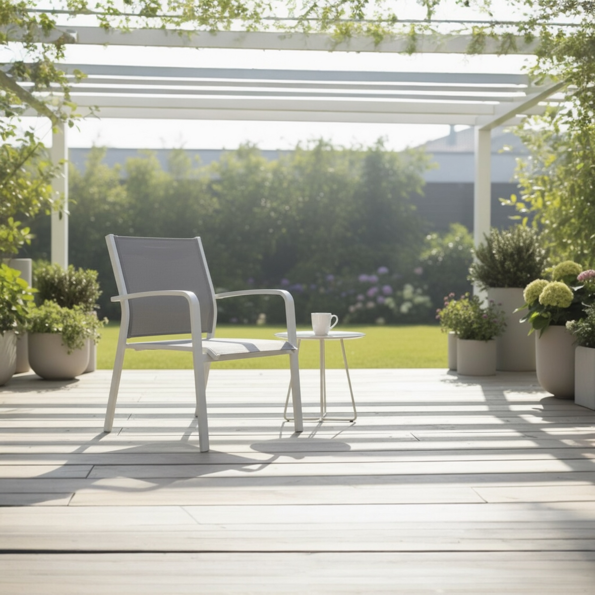 Nory white stackable aluminum patio chairs, set of 6 – shown outdoors (2)