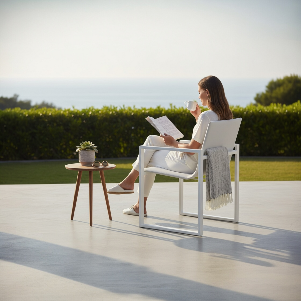 Como white aluminum textilene dining armchairs, set of 2 – shown outdoors (2)