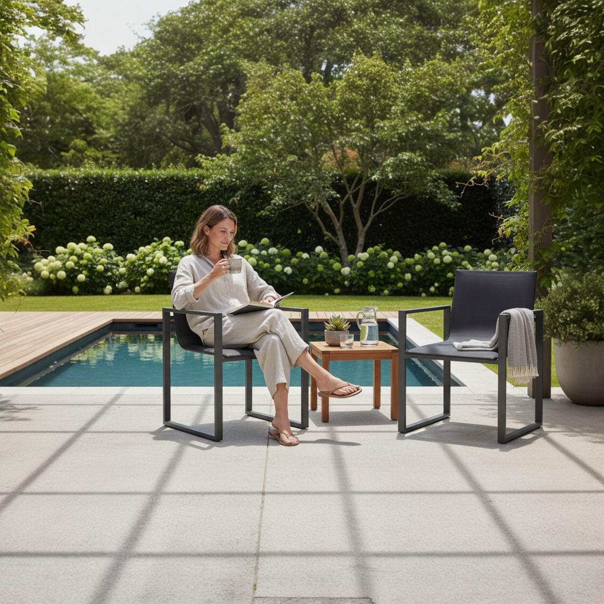 Como all-black aluminum textilene dining armchairs, set of 2 – shown outdoors