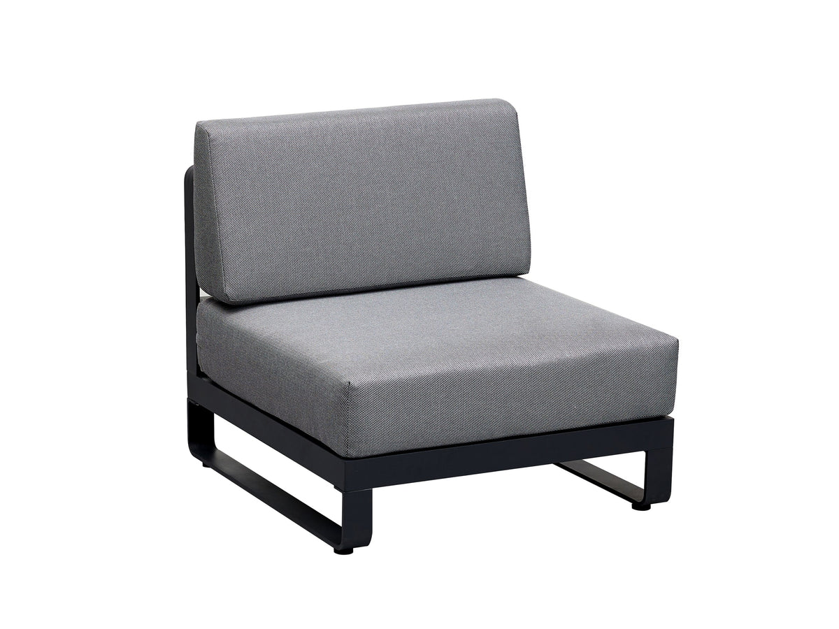 Armless chair from the Many aluminum and teak corner sofa with teak-top coffee table – another view