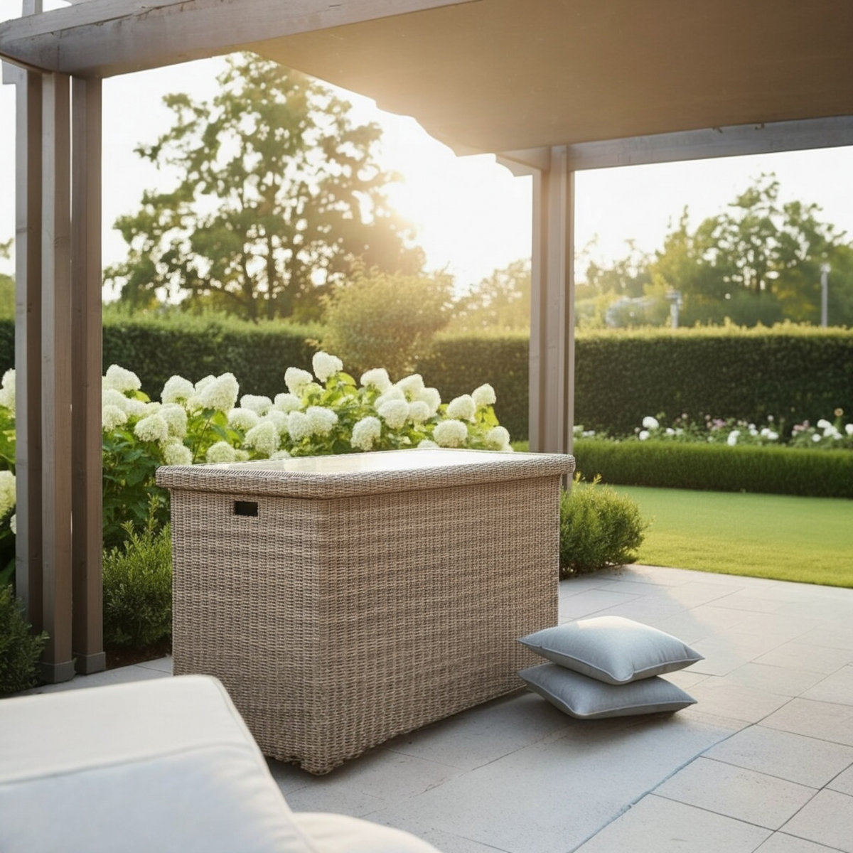 Ysais round resin wicker deck box – shown outdoors (3)