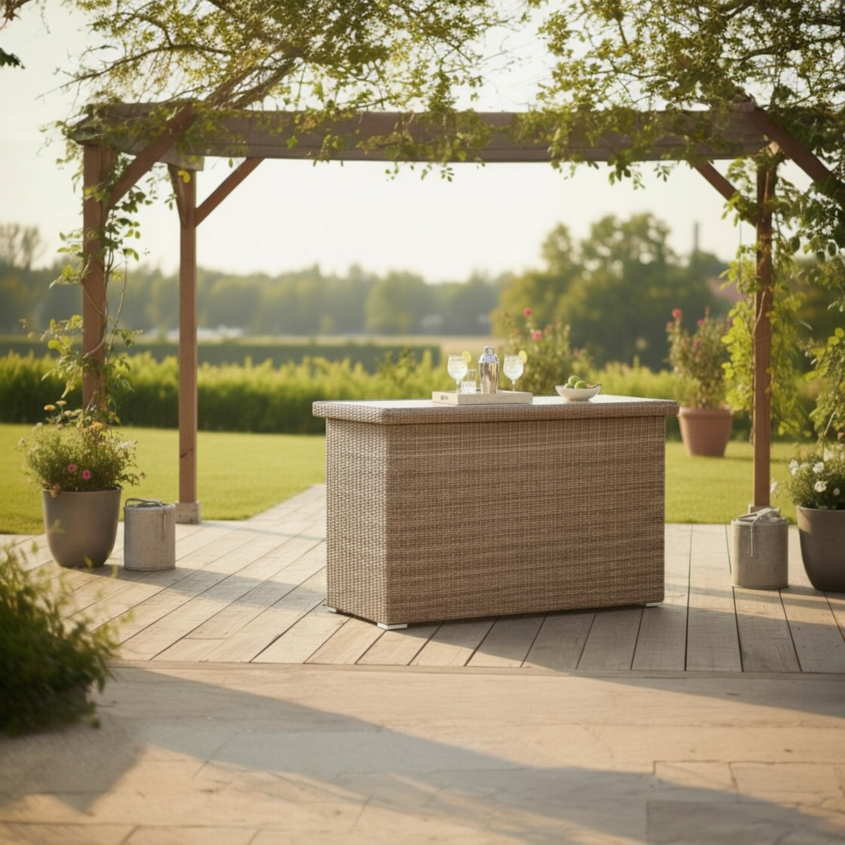 Ysais round resin wicker deck box – shown outdoors