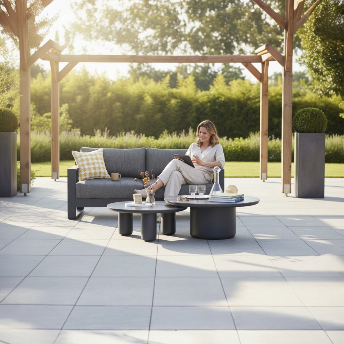 Iris black modular aluminum outdoor loveseat – shown outdoors (2)