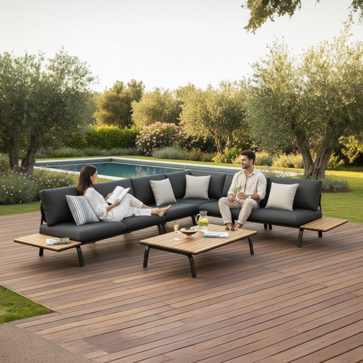 Punto low-profile black aluminum sectional with hand-woven black rope back – shown outdoors (2)
