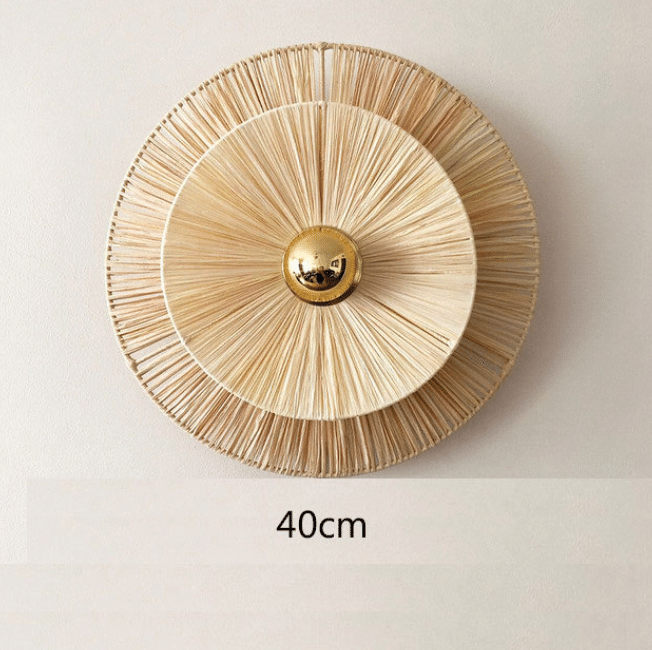 Large handwoven rattan flower LED wall sconce – M variant, dimensions diagram