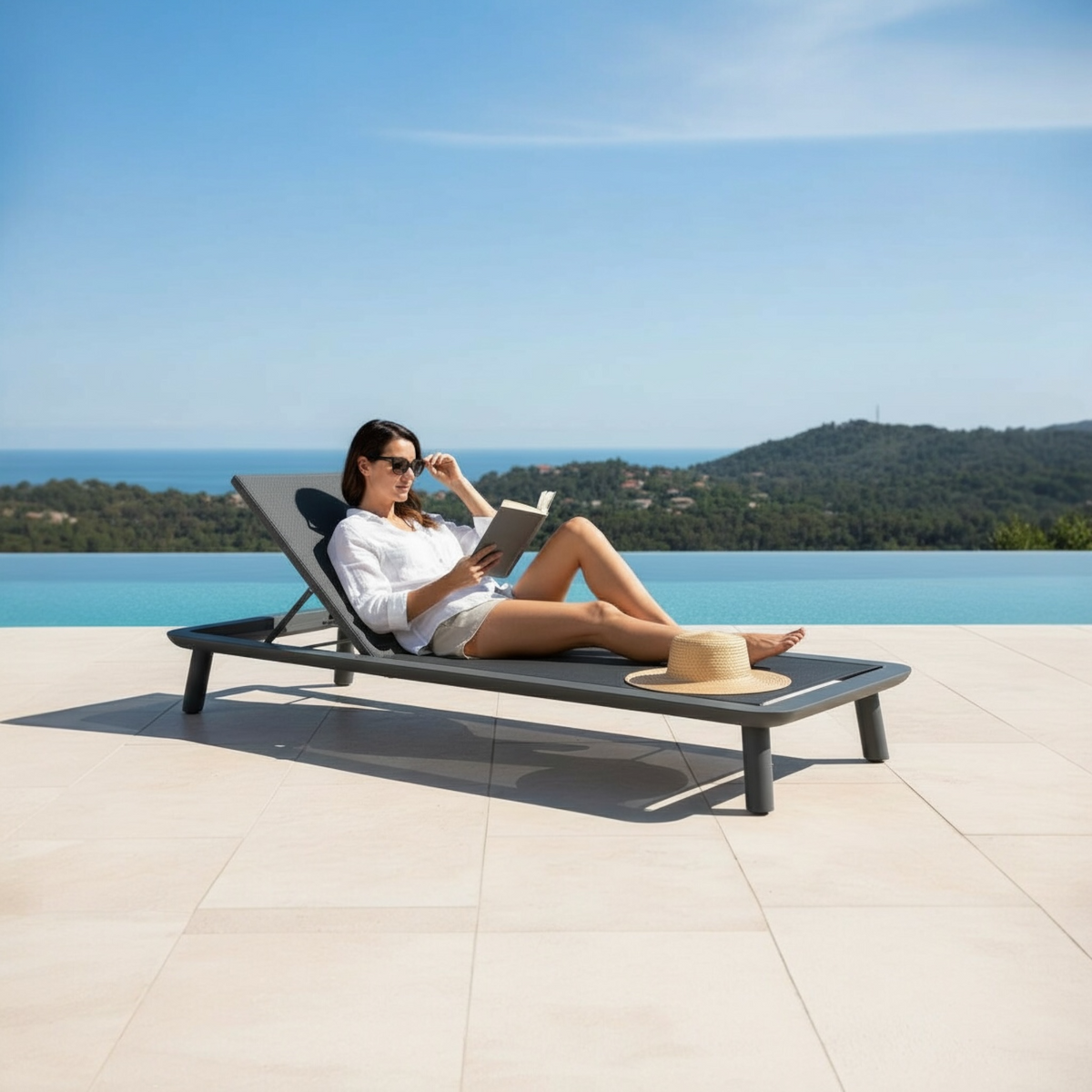 Lara low-profile aluminum textilene chaise lounge – shown outdoors (2)