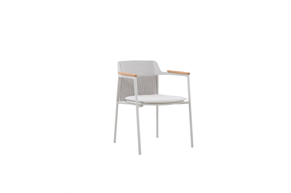 Julia beige stackable patio dining chair with rope back