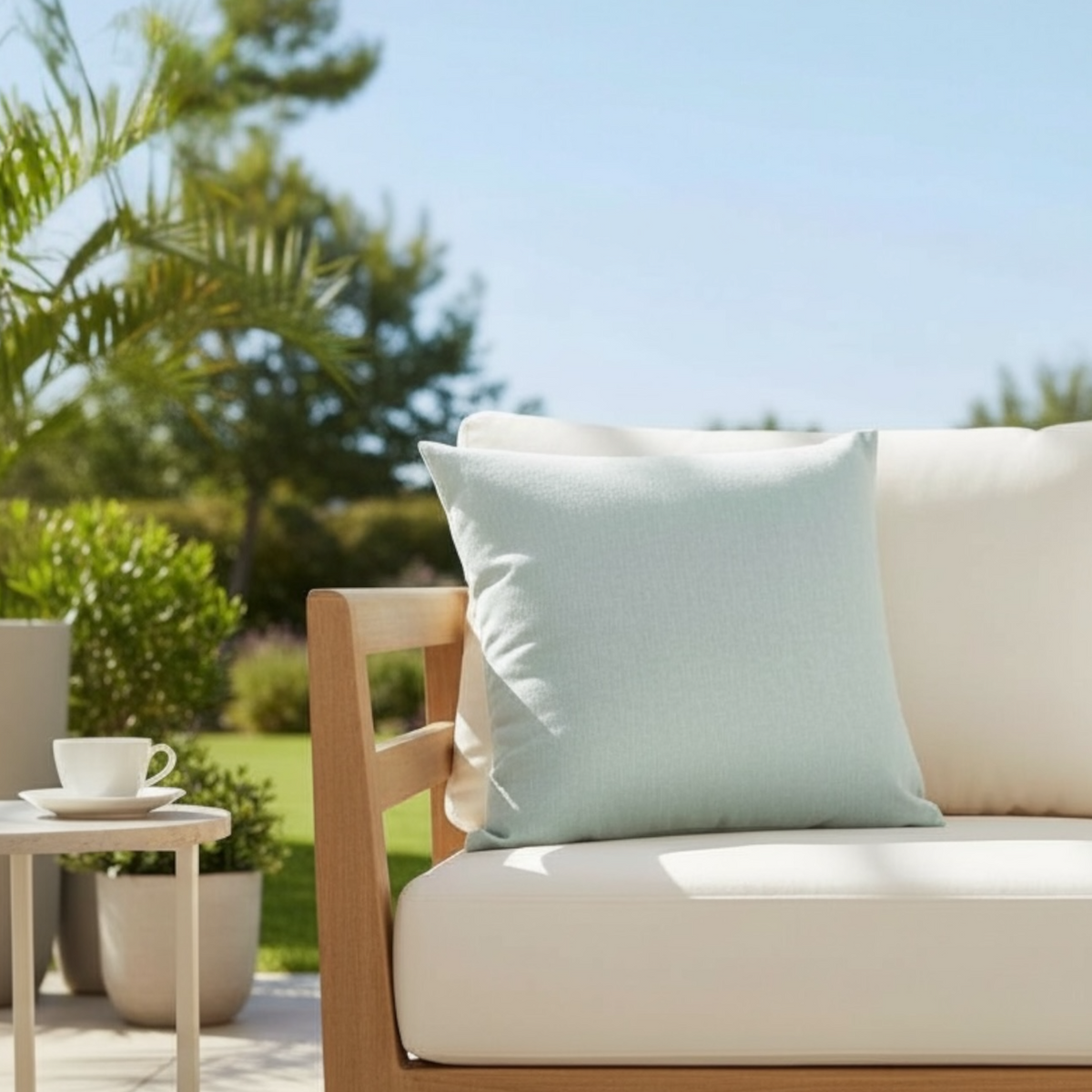 Genius pale blue Sunbrella outdoor pillow – shown outdoors