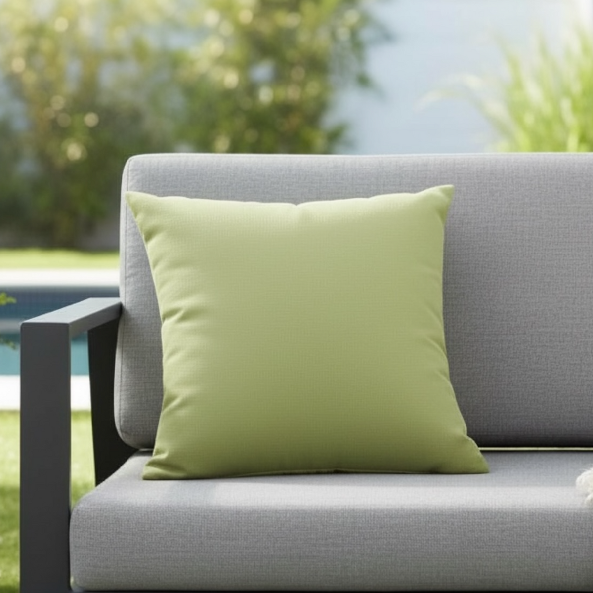 Genius light green Sunbrella outdoor pillow – shown outdoors