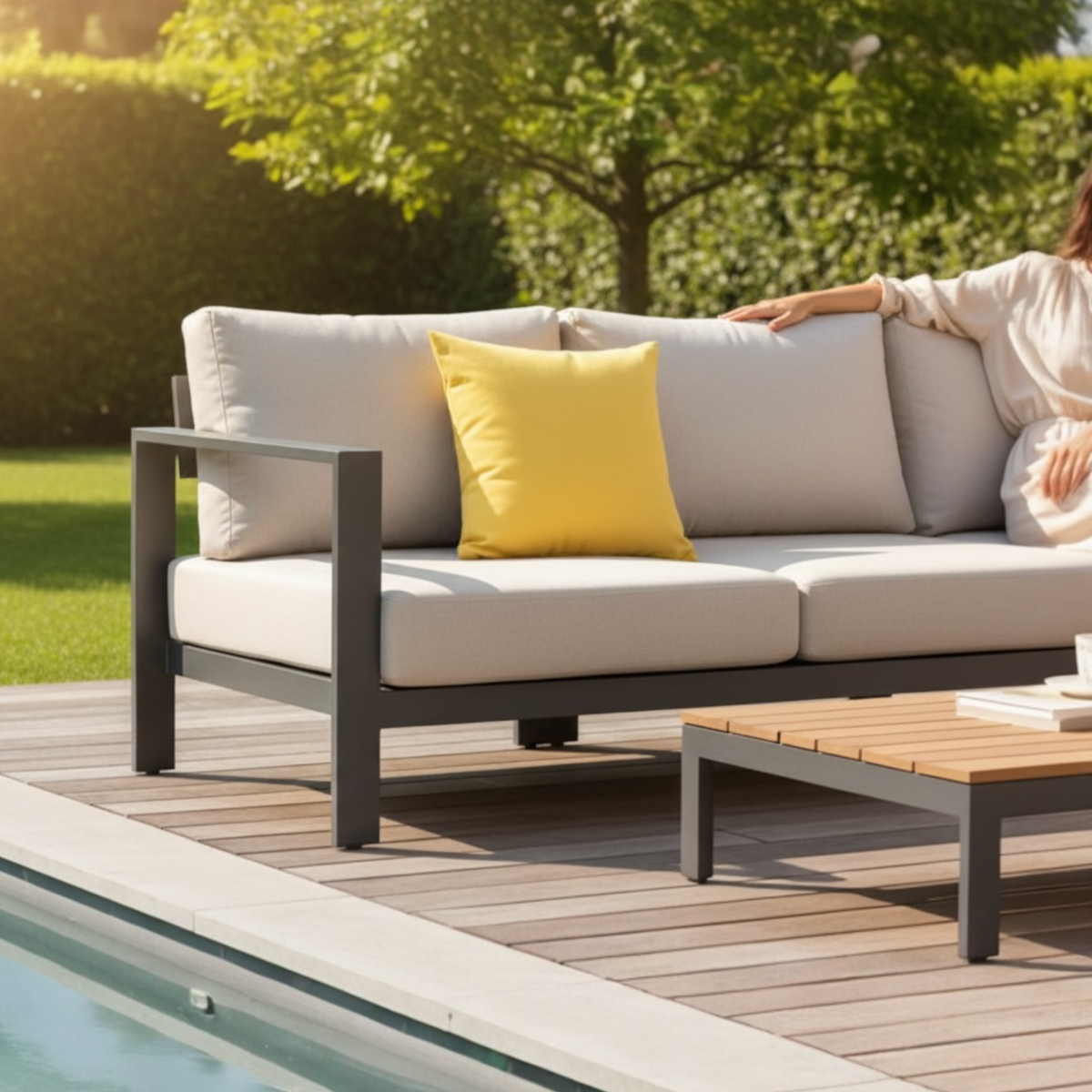 Genius yellow Sunbrella outdoor pillow – shown outdoors (2)