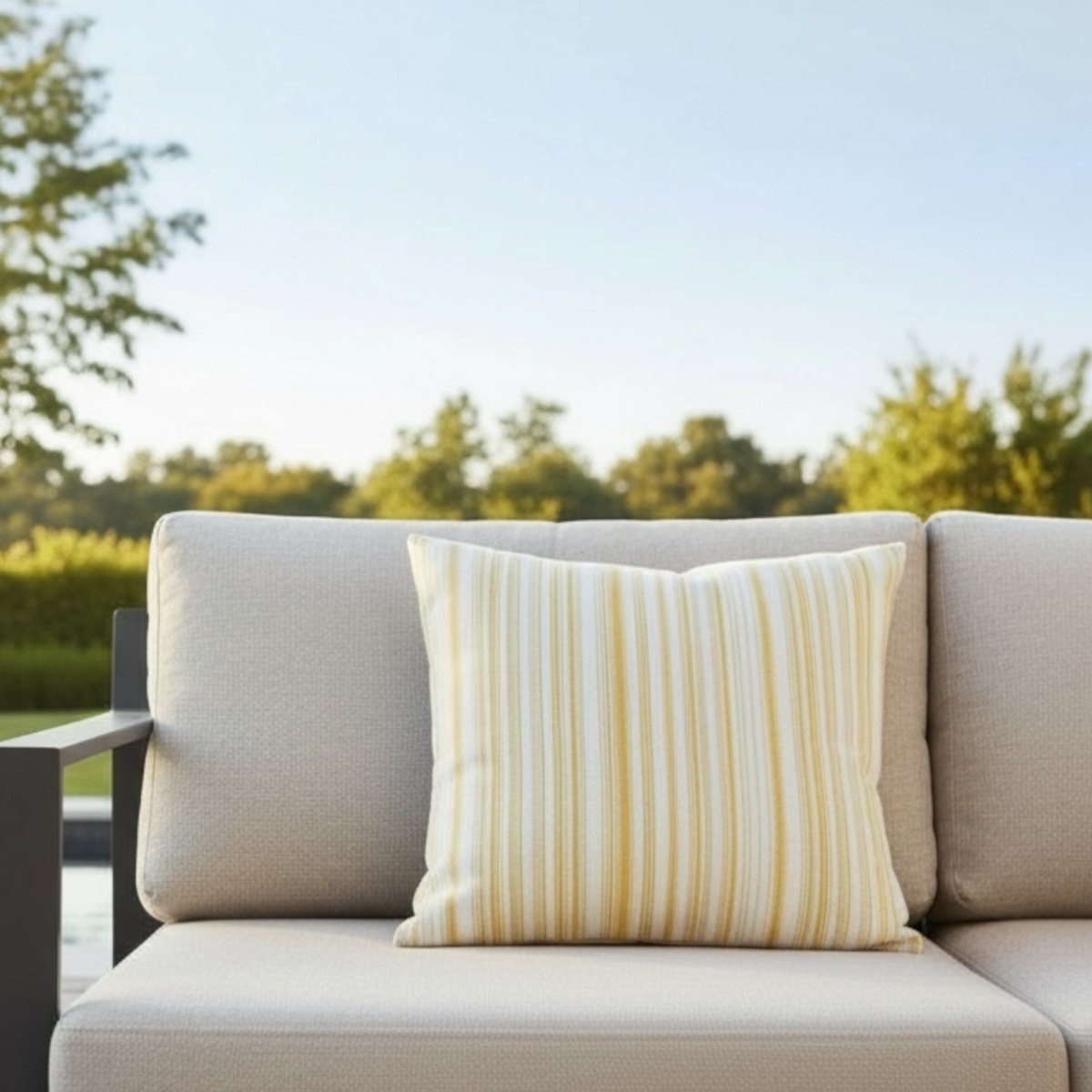 Genius yellow and white striped Sunbrella outdoor pillow – shown outdoors